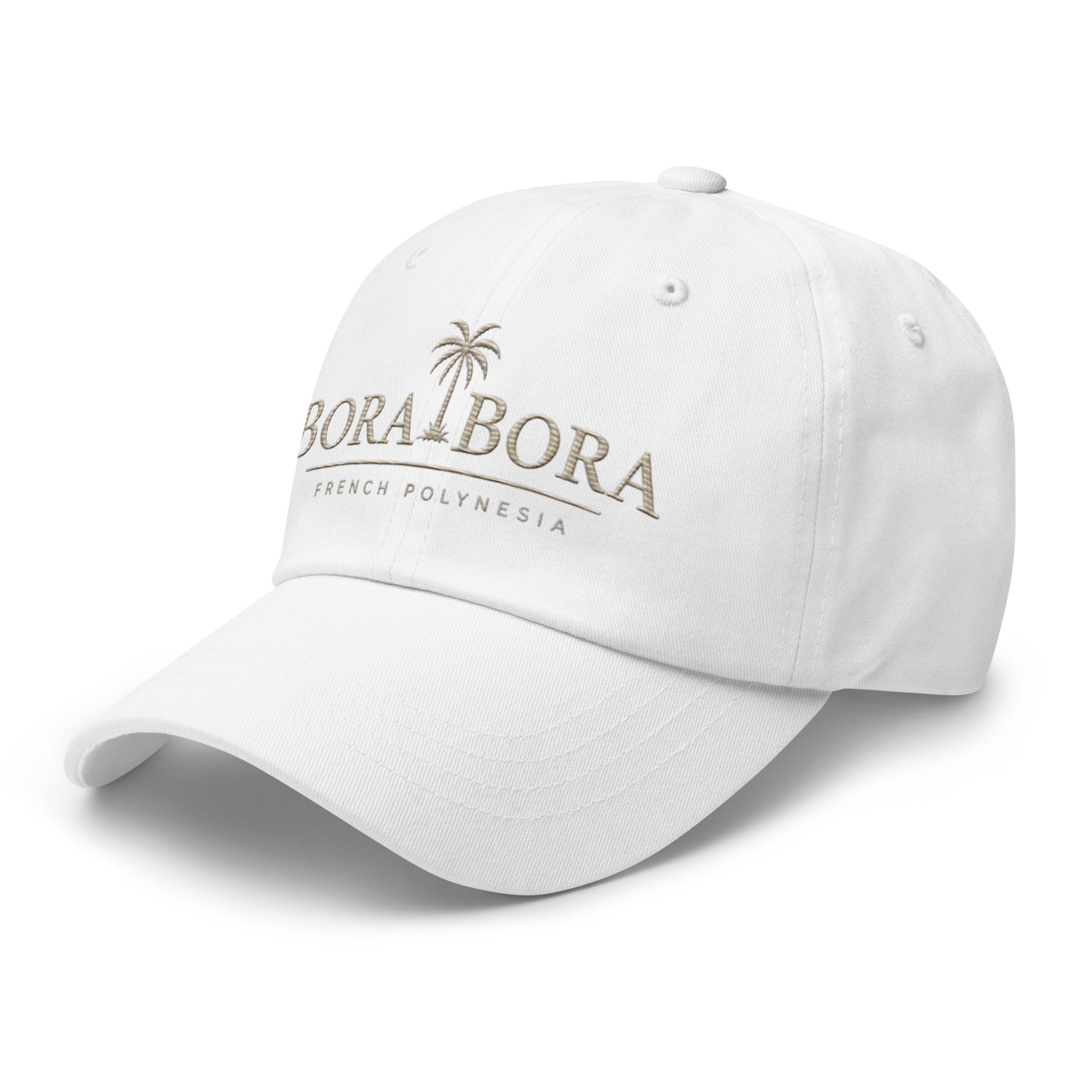 White Bora Bora French Polynesia embroidered dad hat side view on clean neutral background