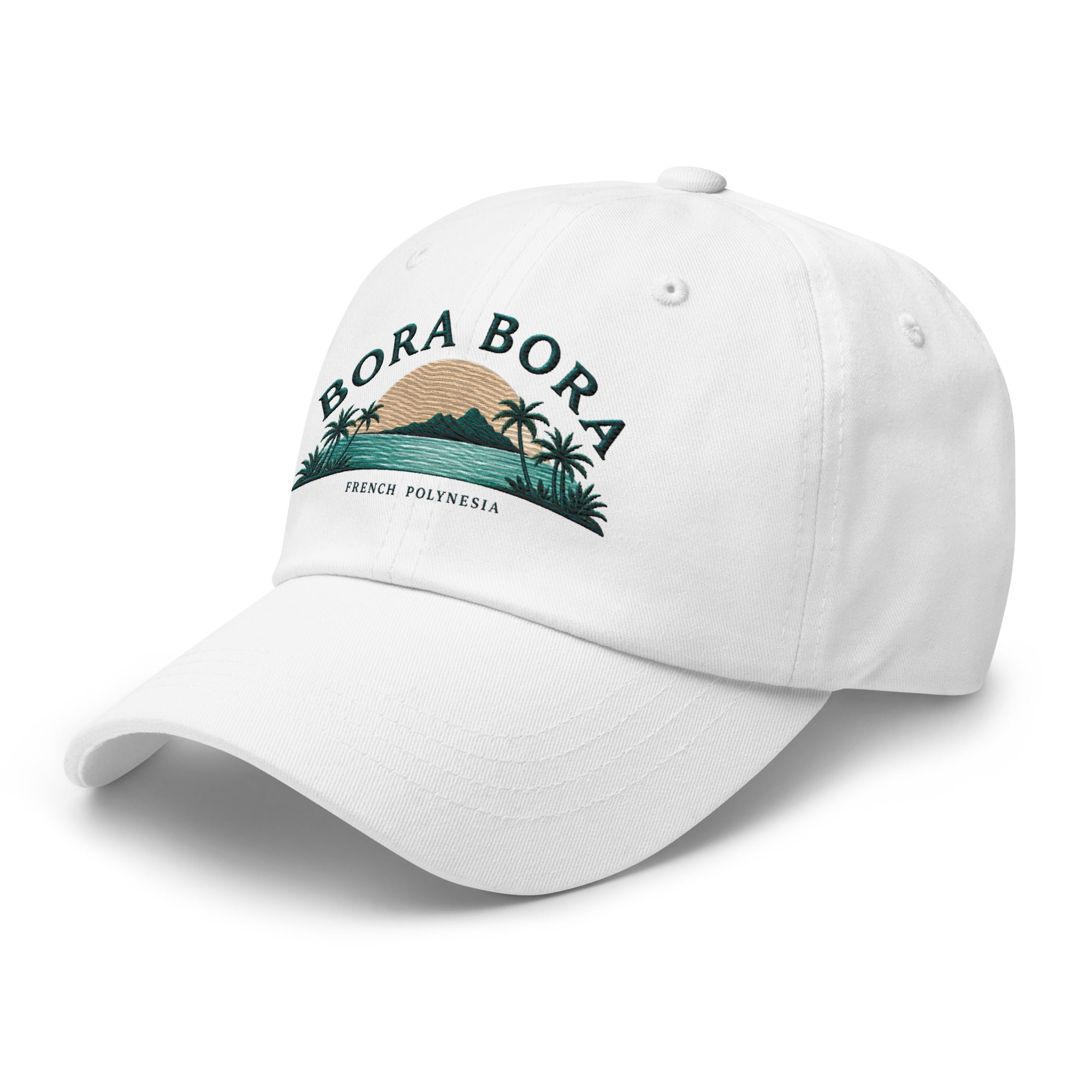 White Embroidered Bora Bora French Polynesia Dad Hat – Stylish and Adjustable Vacation Destination Hat