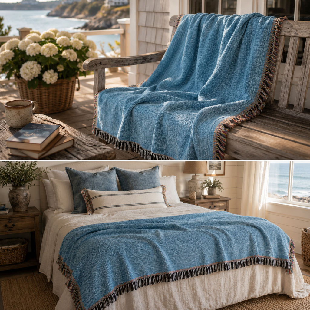 Solid coastal blue woven cotton throw blanket folded on a bed with soft neutral linens, showing the woven texture and fringe trim — Trini Skies