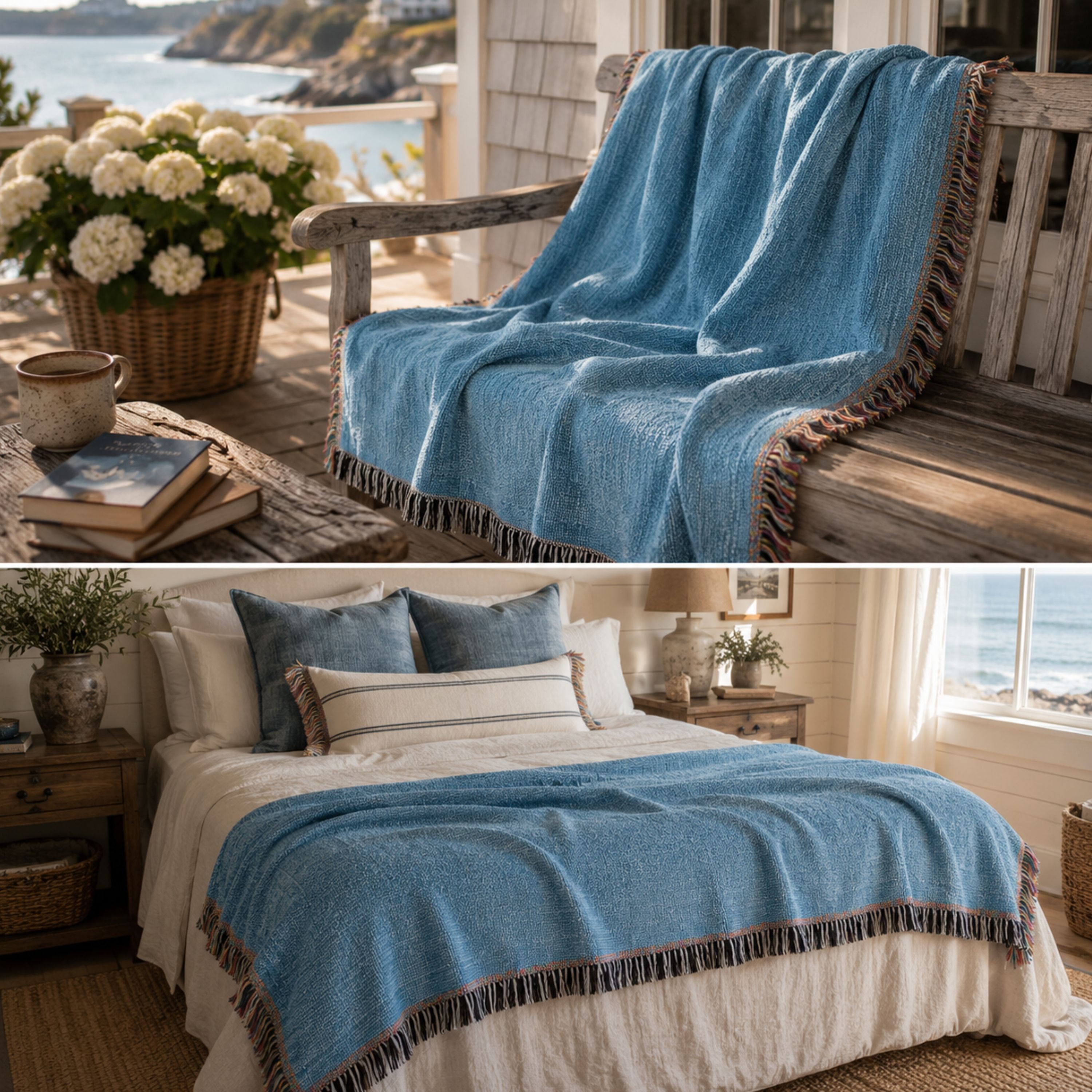 Solid coastal blue woven cotton throw blanket folded on a bed with soft neutral linens, showing the woven texture and fringe trim — Trini Skies