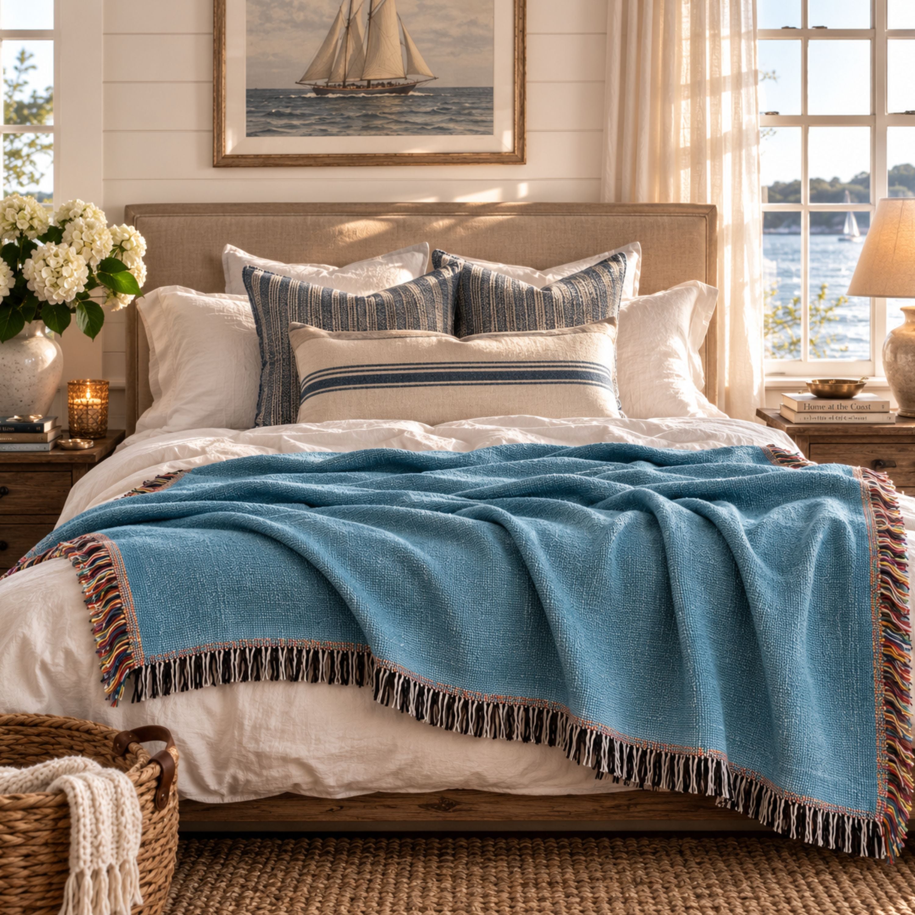 Solid coastal blue woven cotton throw blanket draped across a bed in a bright, sunlit bedroom, showing the jacquard weave texture — Trini Skies