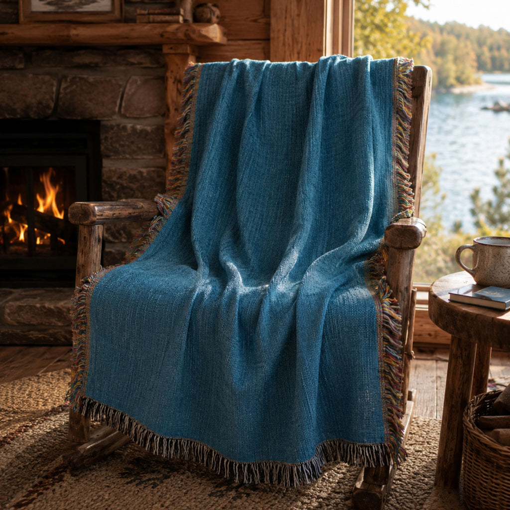 Solid coastal blue woven cotton throw blanket draped over a wooden rocking chair beside a stone fireplace with a lake view, multicolor fringe visible — Trini Skies