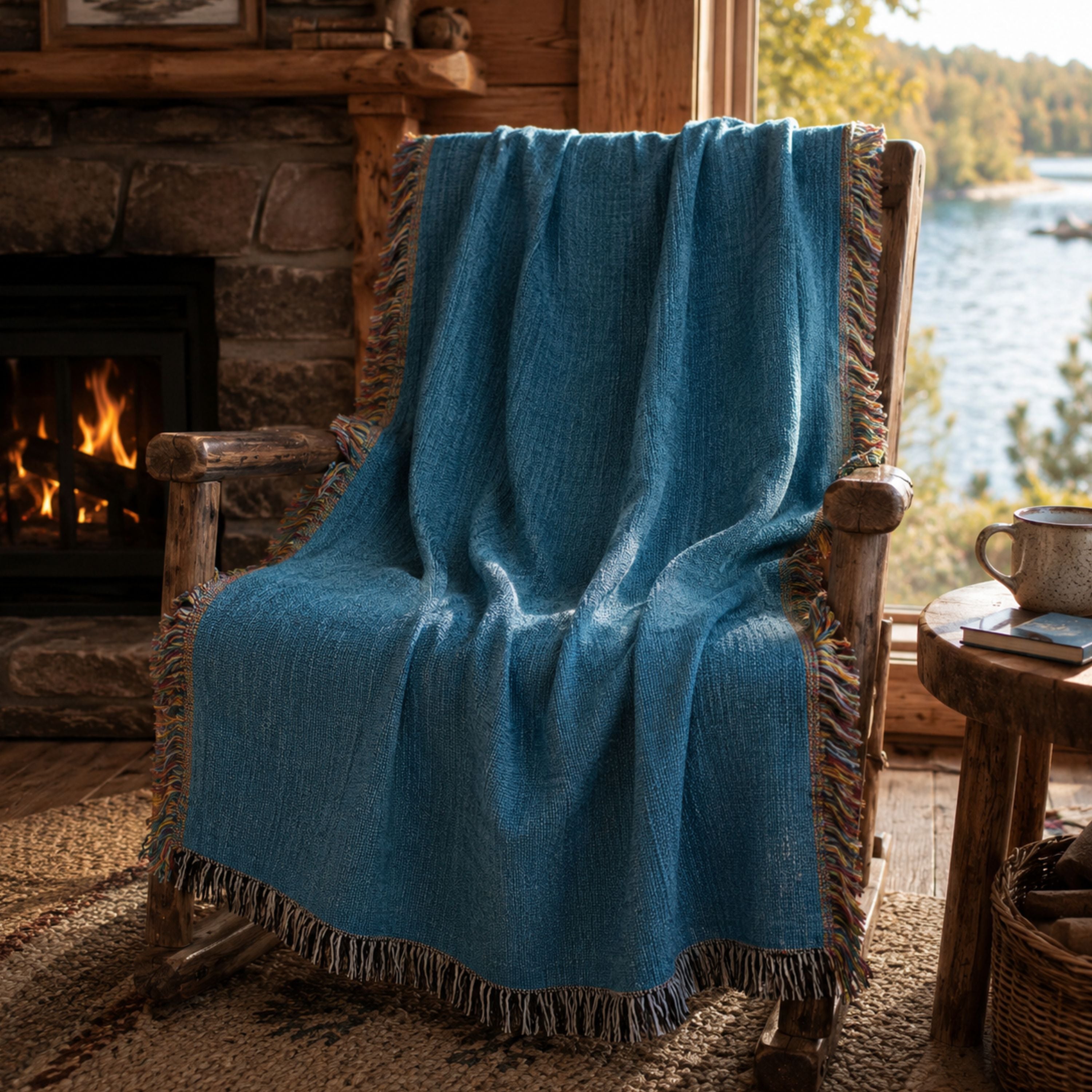 Solid coastal blue woven cotton throw blanket draped over a wooden rocking chair beside a stone fireplace with a lake view, multicolor fringe visible — Trini Skies