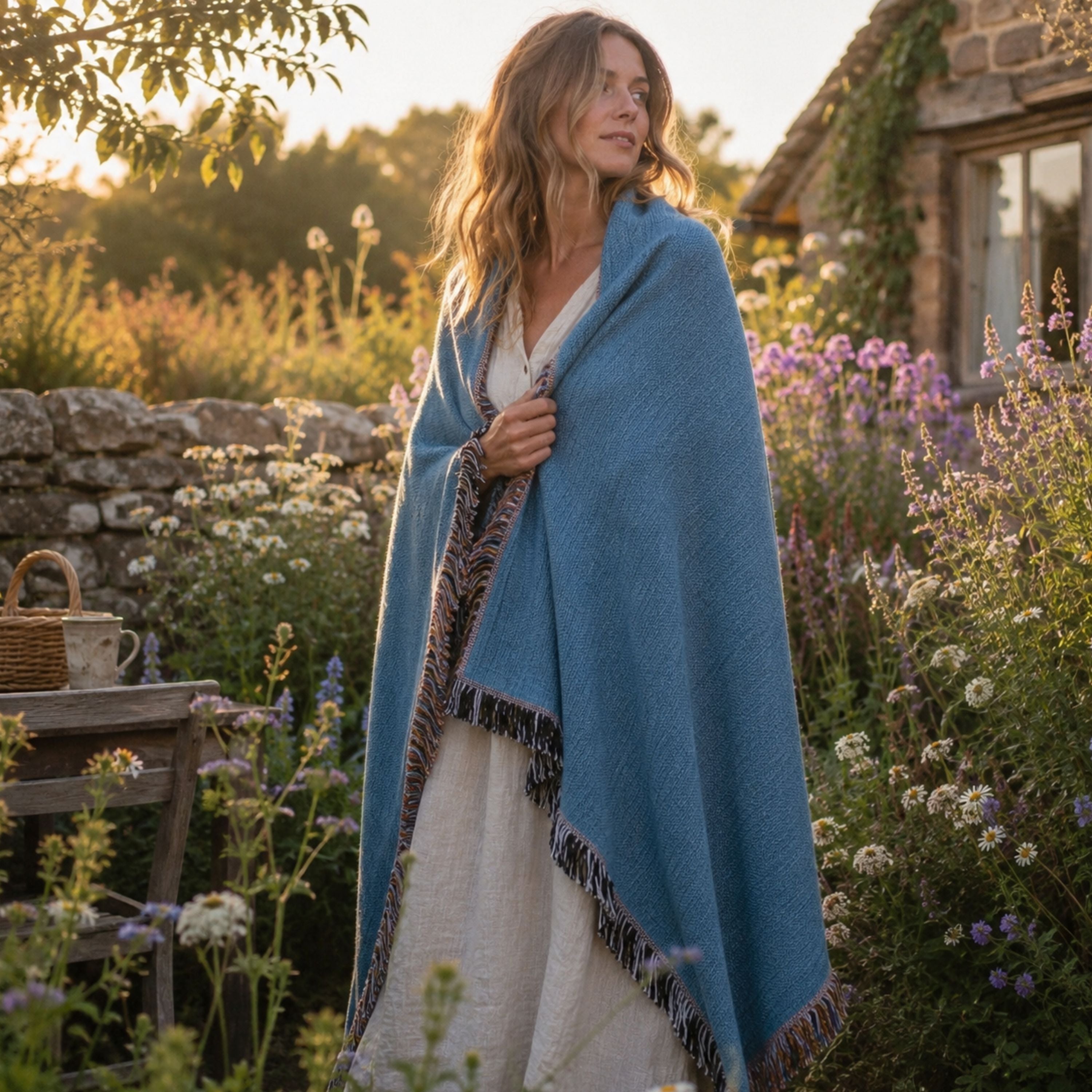 Woman wrapped in a solid coastal blue woven cotton throw blanket standing in a garden at golden hour beside a stone cottage, showing the drape and multicolor fringe detail — Trini Skies