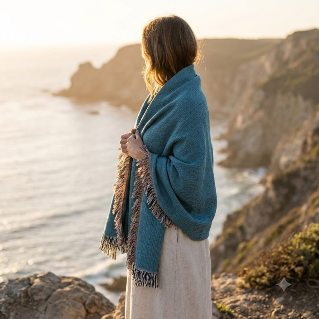 Woman wrapped in a solid coastal blue woven cotton throw blanket standing along a coastal cliffside overlooking the ocean, showing the fringe detail — Trini Skies