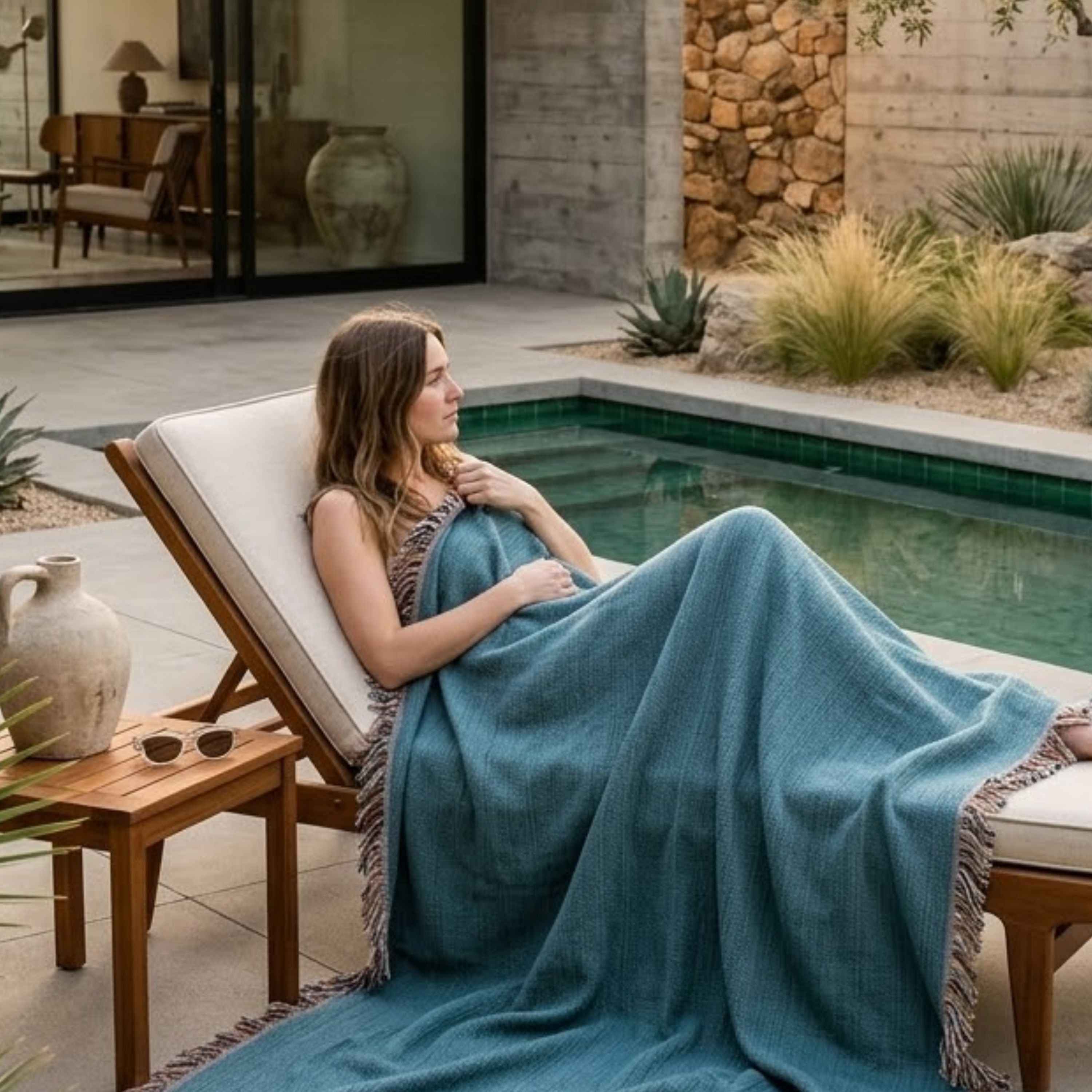 Woman wrapped in a solid coastal blue woven cotton throw blanket seated poolside, showing the drape and fringe detail — Trini Skies