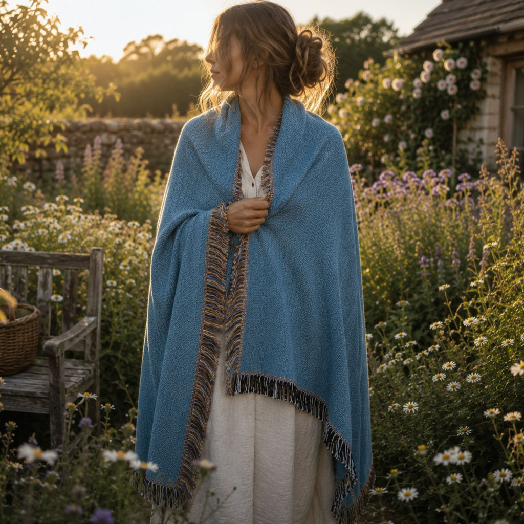 Woman wrapped in a solid coastal blue woven cotton throw blanket in a garden setting, showing the multicolor fringe catching the light — Trini Skies