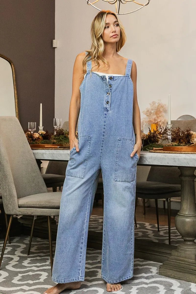 Coastal Light Wash Wide - Leg Denim Jumpsuit Bibi - Triniskies