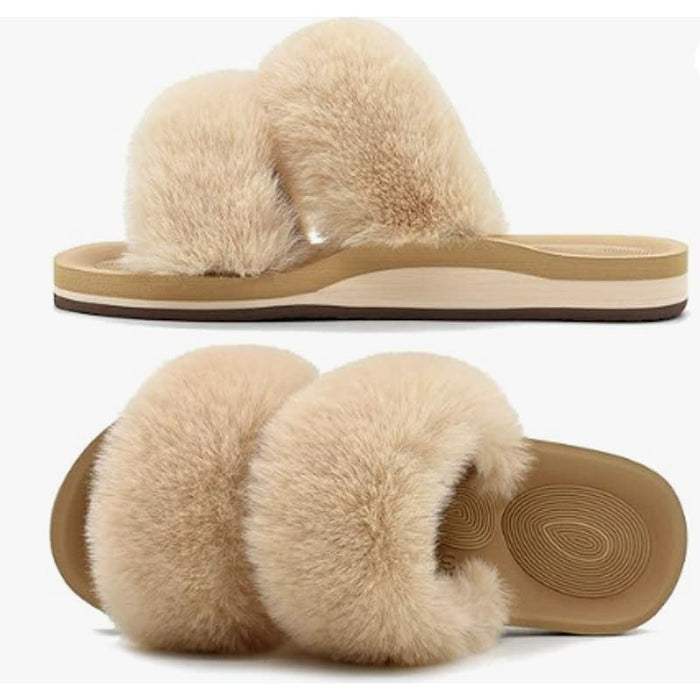 COFACE 5 / Tan / Faux Fur COFACE Women's Orthopedic Open Toe Slippers, Fluffy Faux Fur, Size 5