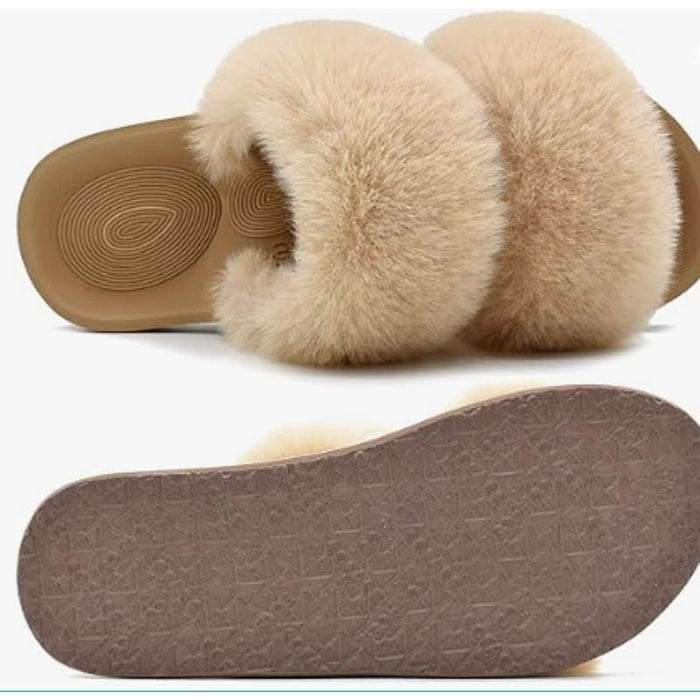 COFACE 5 / Tan / Faux Fur COFACE Women's Orthopedic Open Toe Slippers, Fluffy Faux Fur, Size 5