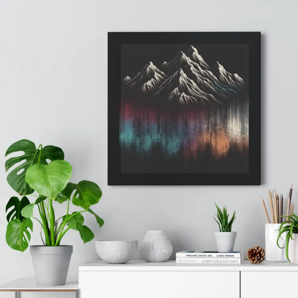 Colorful mountain framed vertical poster of snow-capped peaks in water