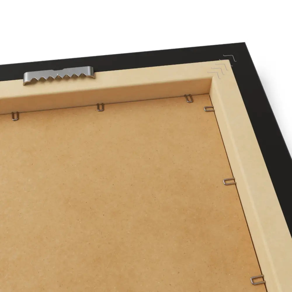 Back of black frame with sawtooth hanger for colorful mountain framed vertical poster premium