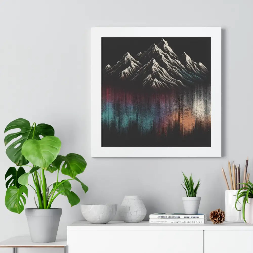 Colorful mountain framed vertical poster of snow-capped peaks in vibrant water