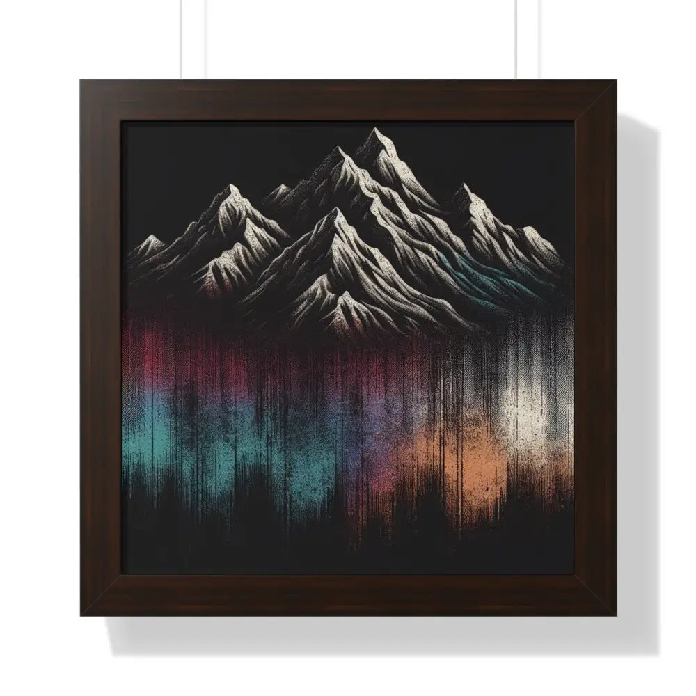 Colorful mountain framed vertical poster of white-peaked mountains over streaked landscape