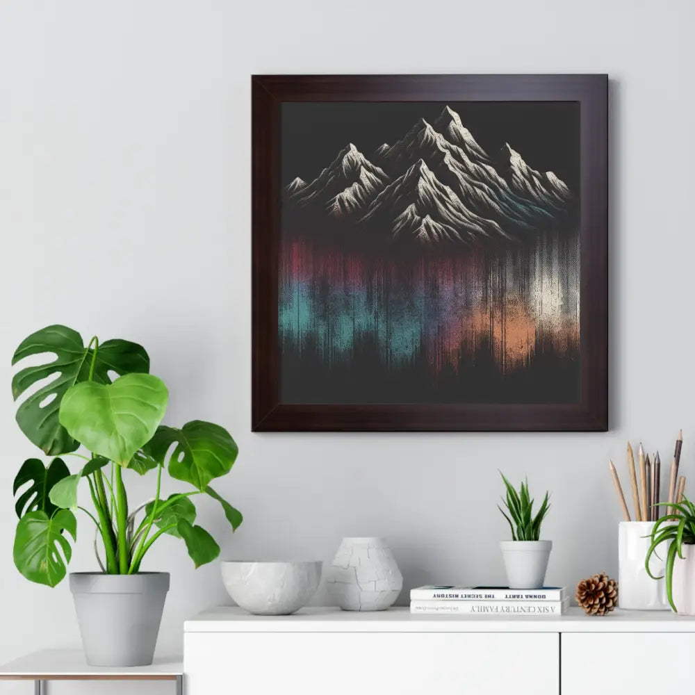 Colorful mountain framed vertical poster with premium black frame