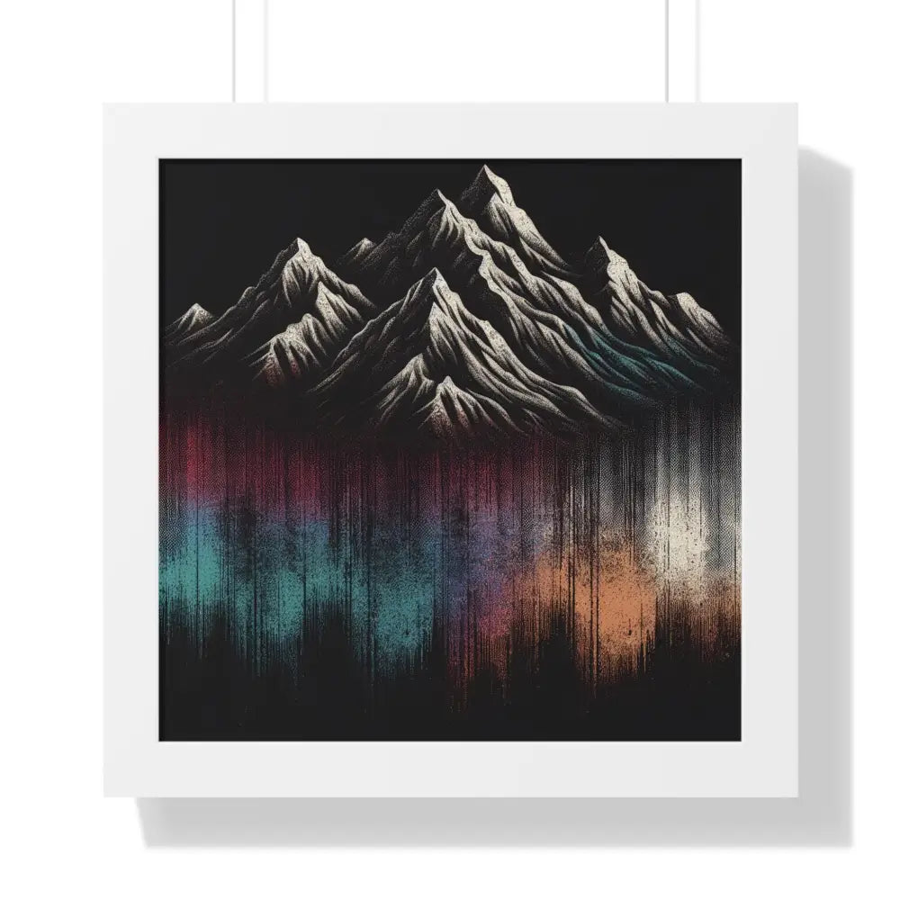 Colorful mountain framed vertical poster of white-capped peaks with textured reflection in premium black frame