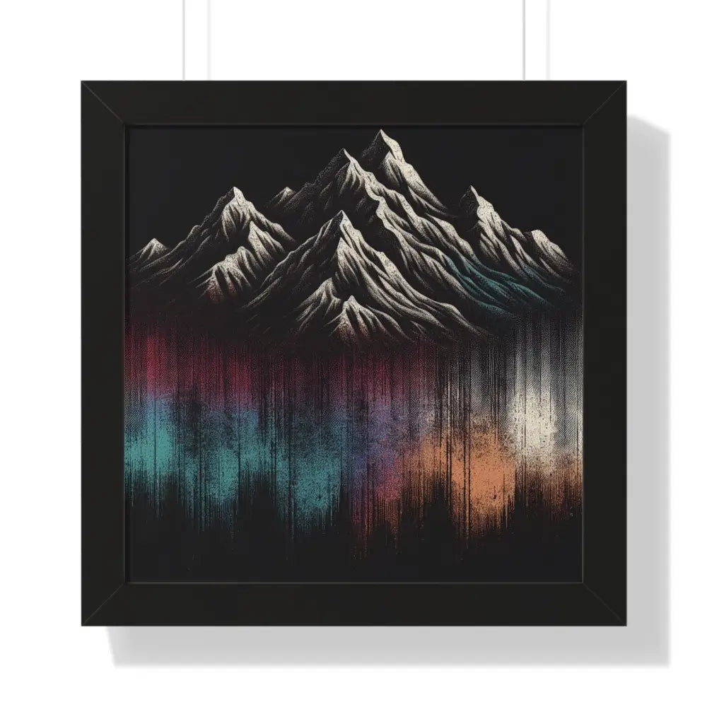 Colorful mountain framed vertical poster of snow-capped peaks and textured reflection in premium black frame