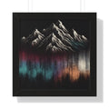 Colorful mountain framed vertical poster of snow-capped peaks and textured reflection in premium black frame