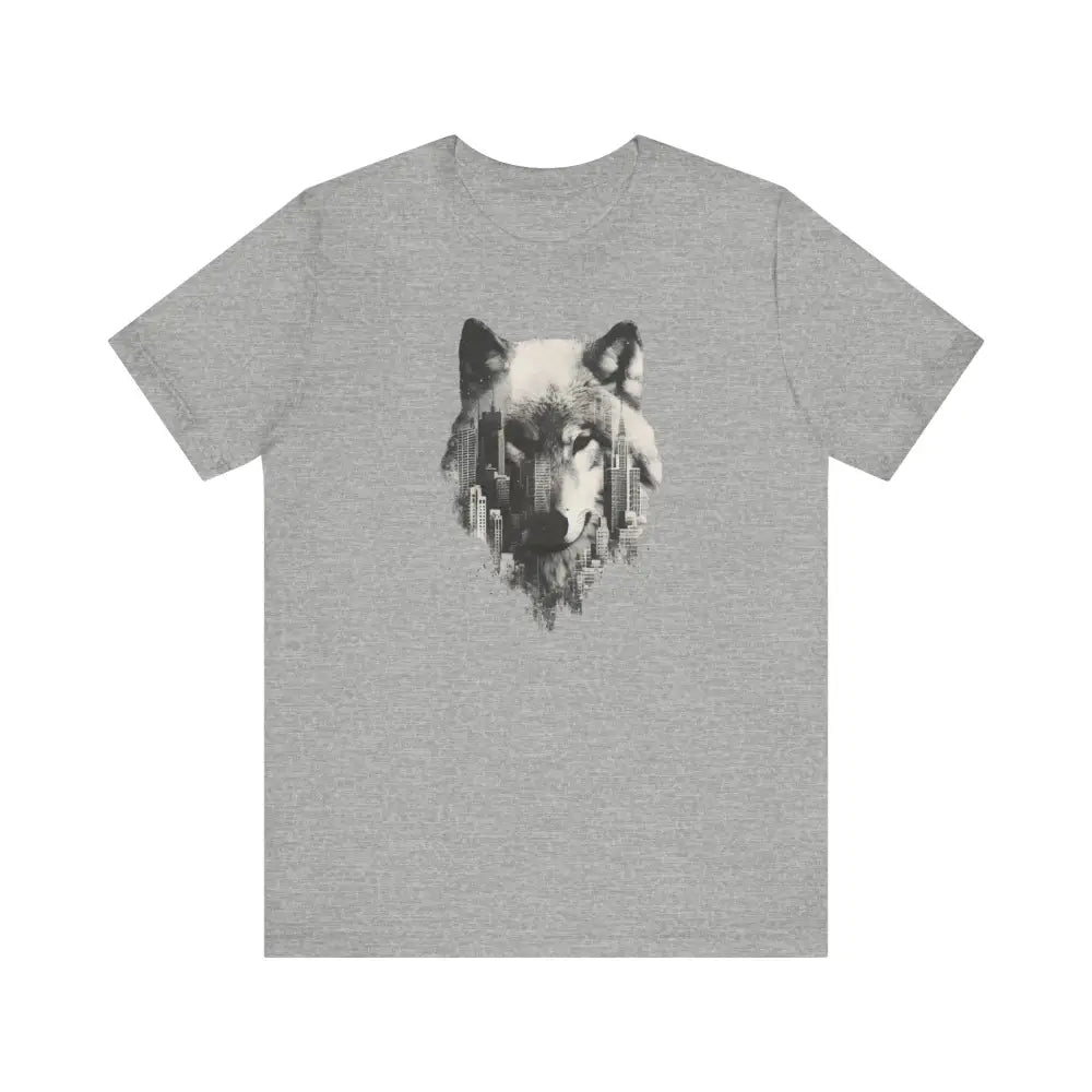 Gray Concrete Jungle Wolf tee with city skyline graphic, unisex jersey short sleeve