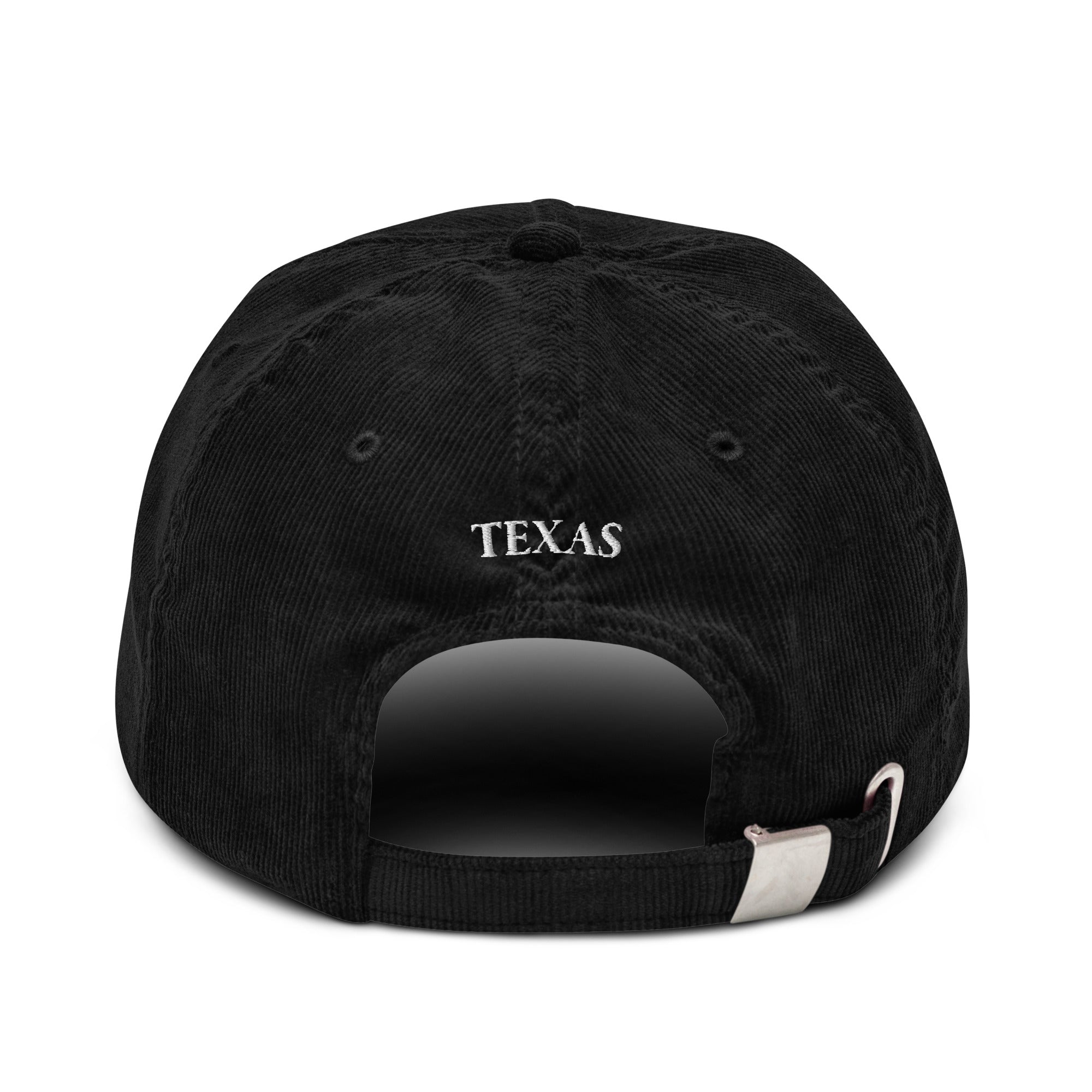 Texas Longhorn corduroy hat dark olive front and back view Texas text on adjustable strap Trini Skies Destination Collection