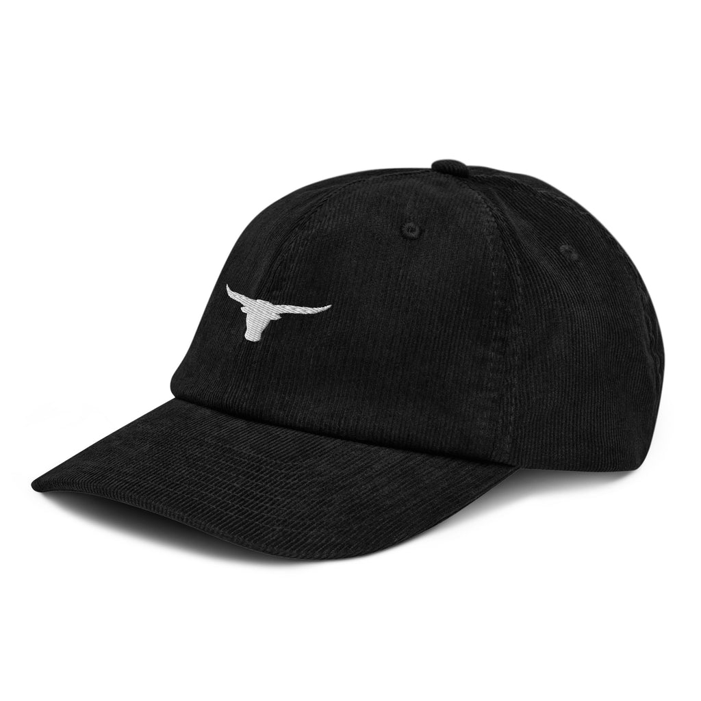 Texas Longhorn embroidered corduroy hat black front view minimalist white longhorn skull icon Trini Skies