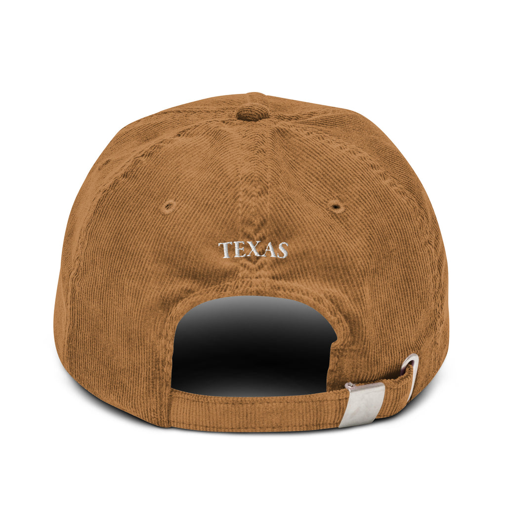 Texas Longhorn embroidered corduroy hat camel front view minimalist white longhorn skull icon Trini Skies