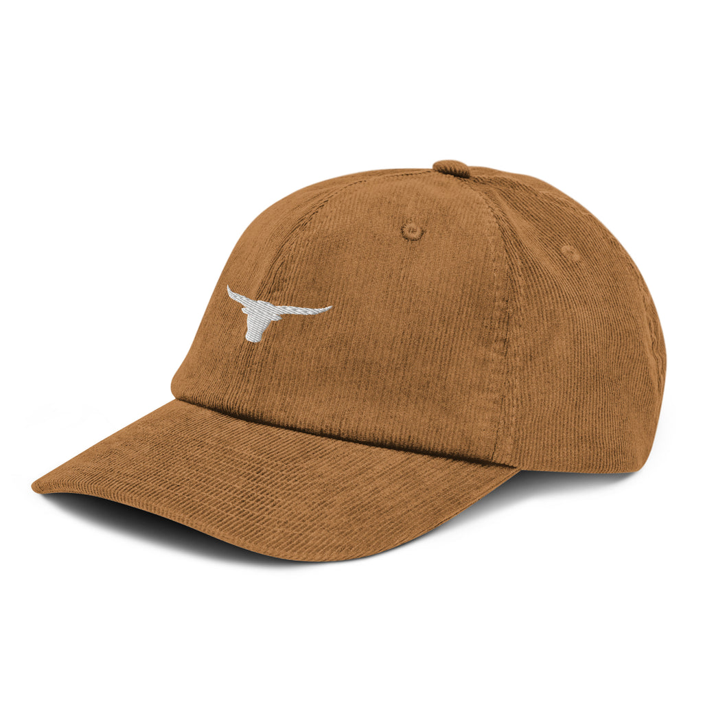 Texas Longhorn corduroy hat camel back view Texas text on adjustable strap Trini Skies Destination Collection