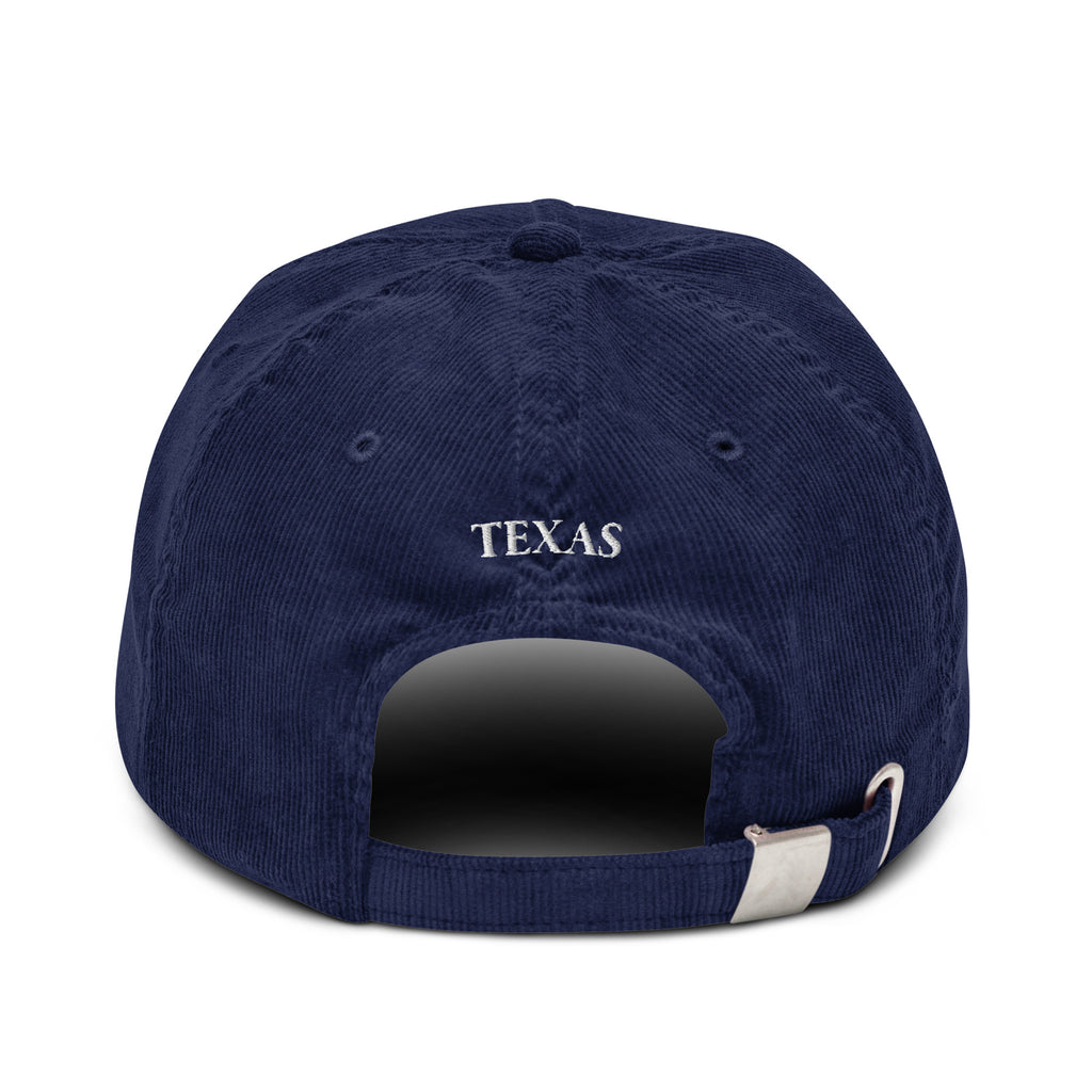 Texas Longhorn corduroy hat black back view Texas text on adjustable strap Trini Skies Lone Star Collection