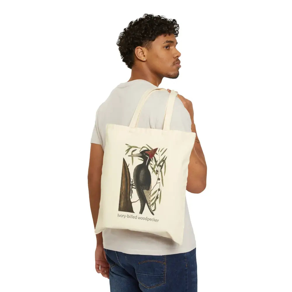 Ivory Billed Woodpecker cotton canvas tote bag with cream design