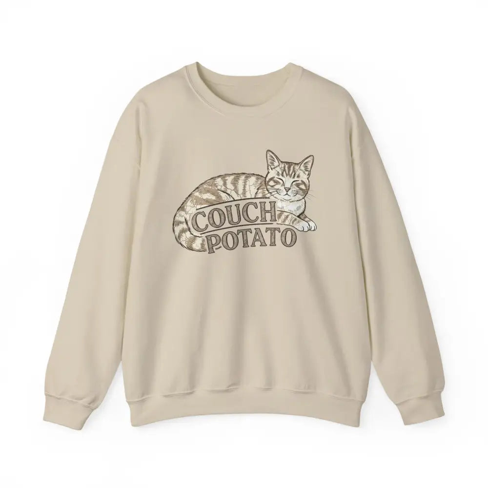 Beige Couch Potato Cat Sweatshirt with Tabby Graphic by Trini Skies