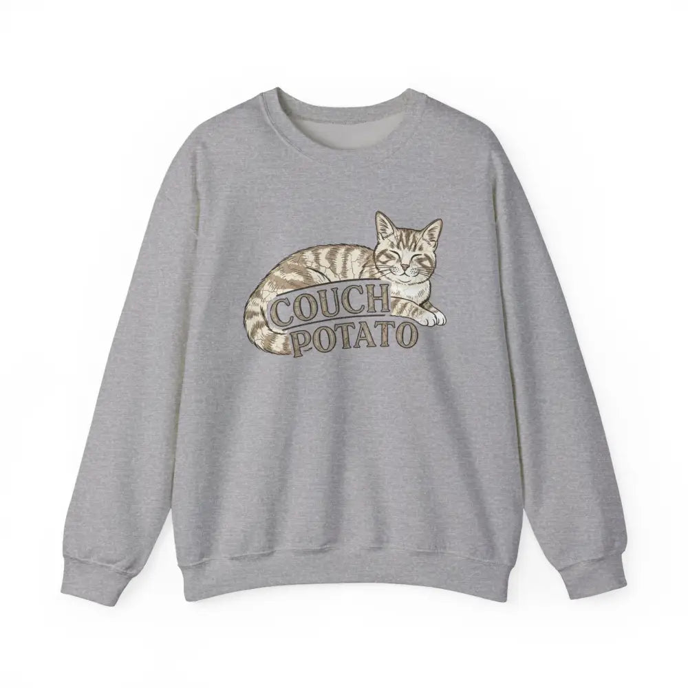 Gray couch potato cat sweatshirt with tabby graphic and Trini Skies text