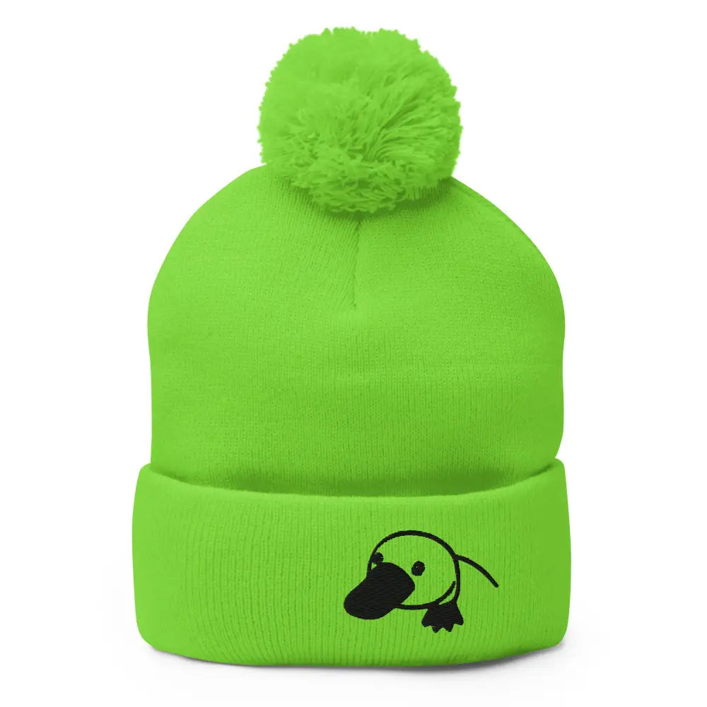 Cozy embroidered platypus pom-pom beanie in lime green knit
