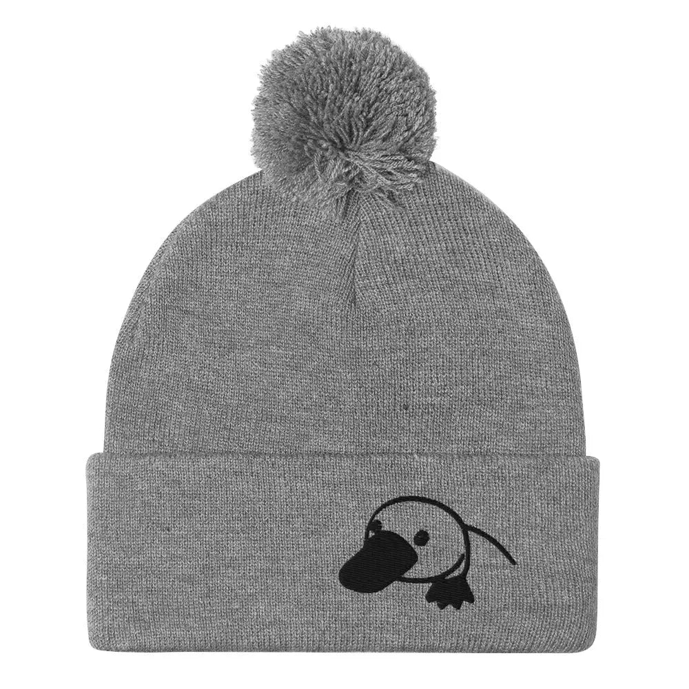 Cozy embroidered platypus pom-pom beanie in heather grey with black cartoon