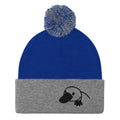 Cozy embroidered platypus pom-pom beanie in blue and grey knit