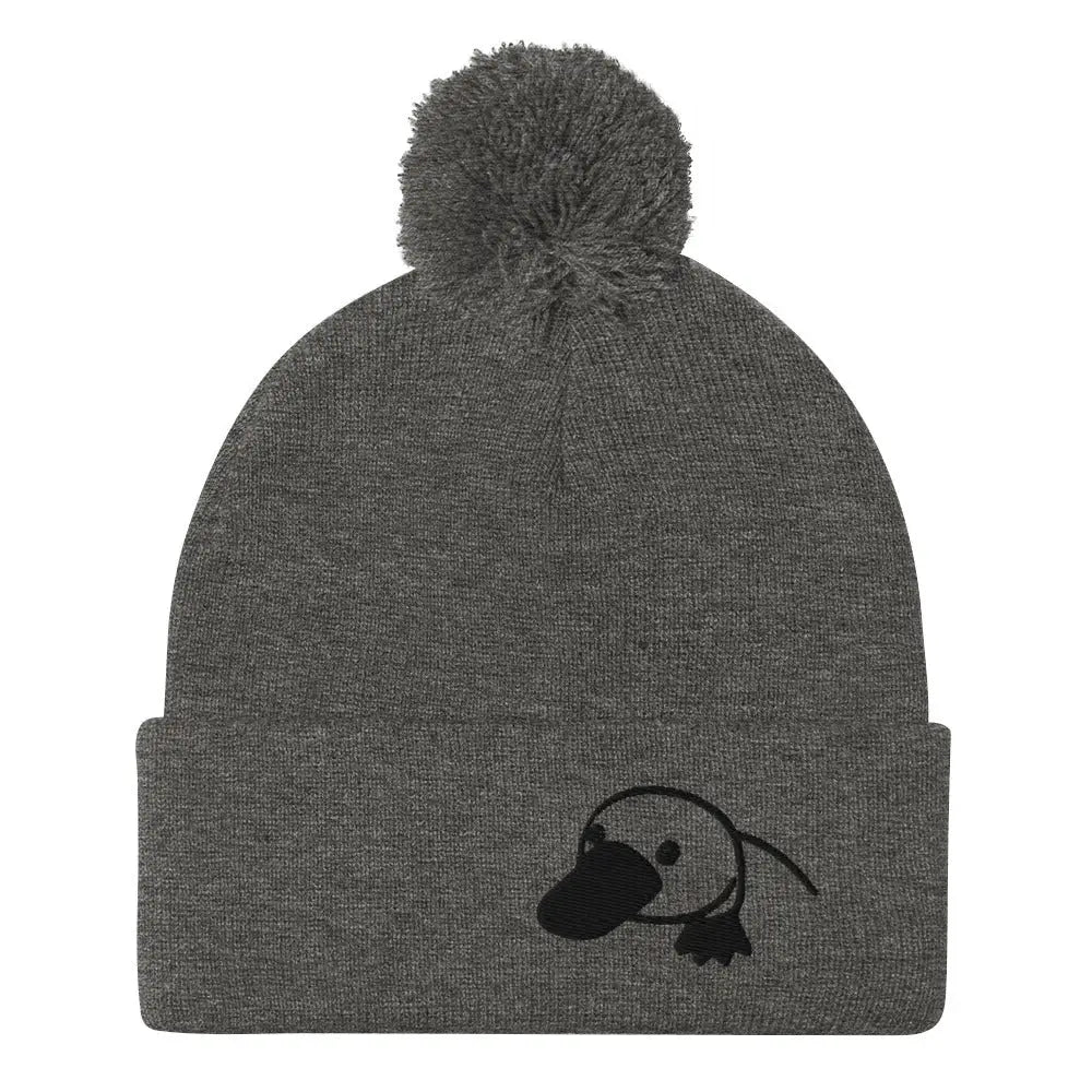 Cozy embroidered platypus pom-pom beanie in dark grey knit