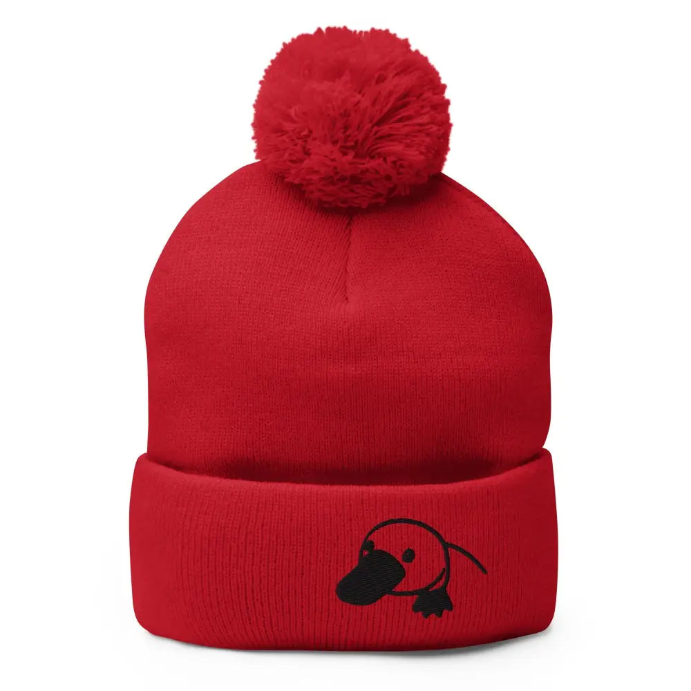 Cozy embroidered platypus pom-pom beanie with red knit design