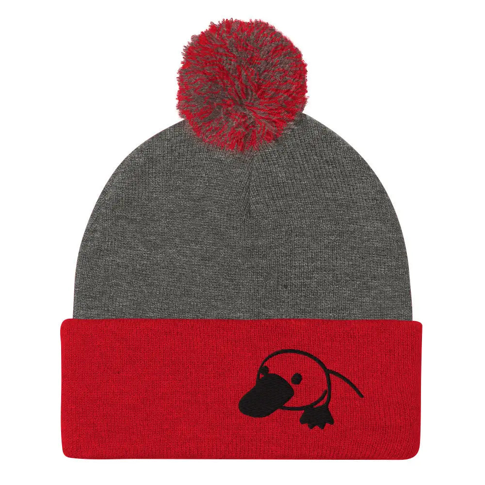 Cozy embroidered platypus pom-pom beanie in gray and red knit
