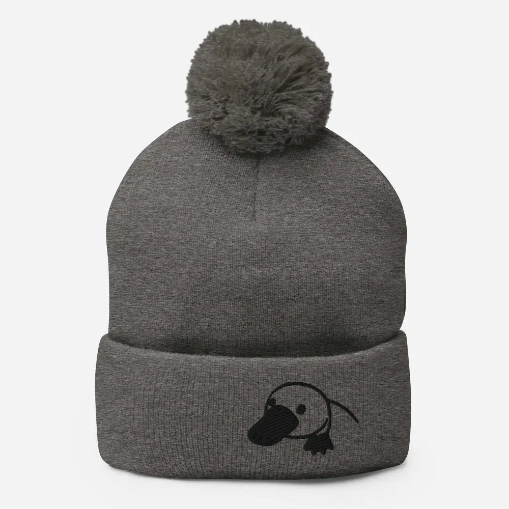Cozy embroidered platypus pom-pom beanie in dark gray knit