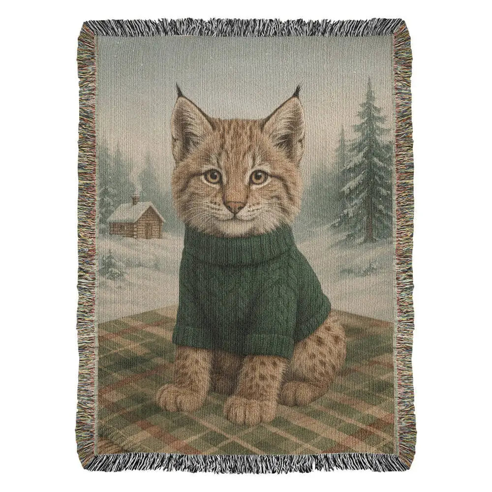 Cozy Lynx Winter Cabin woven cotton throw blanket showing a baby lynx in a forest-green sweater against a snowy cabin scene — Trini Skies