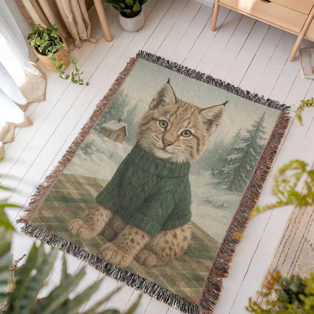 Cozy Lynx Winter Cabin woven cotton throw blanket with detailed winter scene, showing the lynx portrait and snowy cabin backdrop — Trini Skies