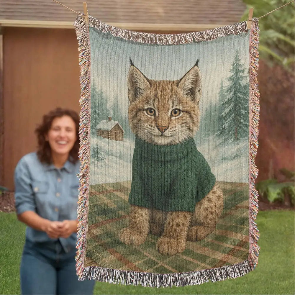 Cozy Lynx Winter Cabin woven cotton throw blanket folded to show the winter cabin scene and fringe edge — Trini Skies