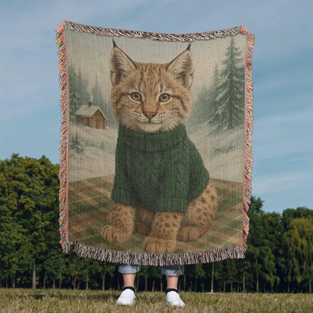 Cozy Lynx Winter Cabin woven cotton throw blanket laid flat showing the full snowy cabin scene — Trini Skies