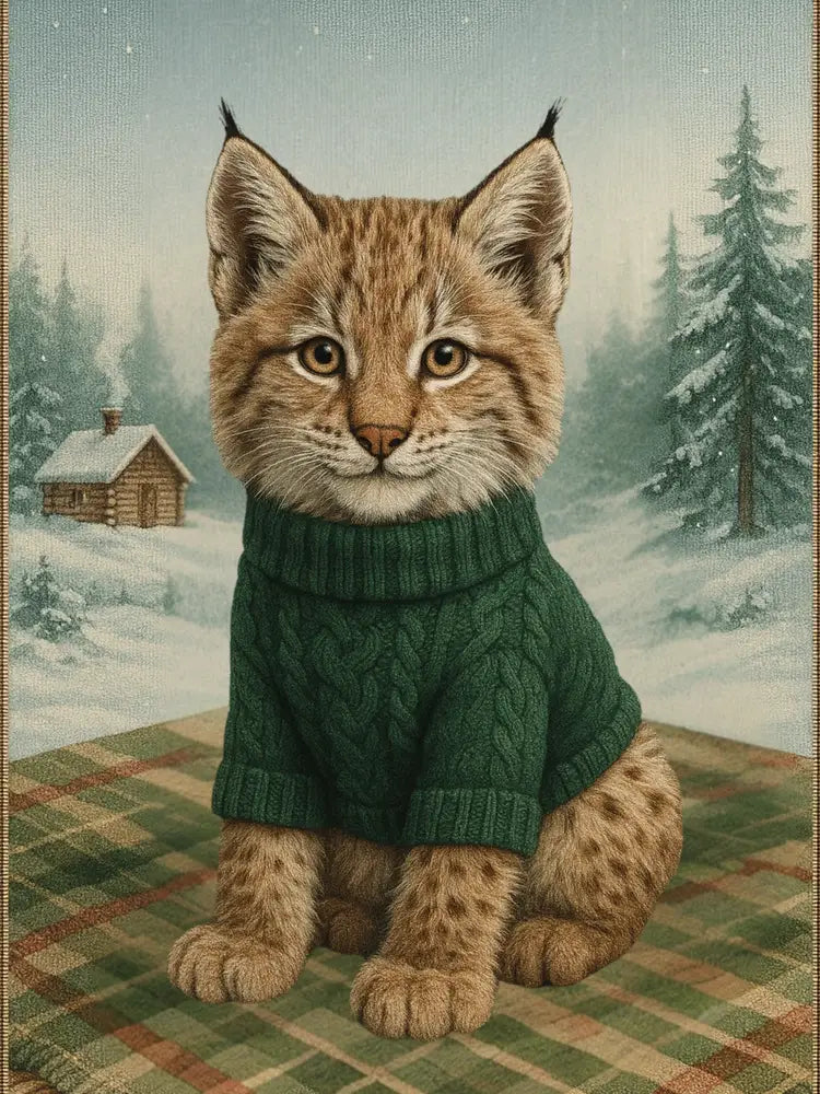 Cozy lynx kitten in green sweater on vintage woodland animal blanket