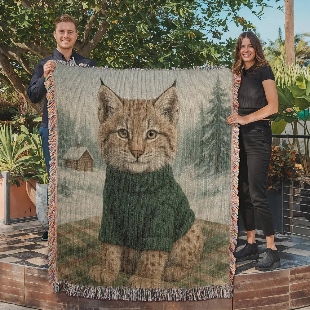 Cozy Lynx Winter Cabin woven cotton throw blanket close-up showing the woven tapestry detail and winter cabin scene — Trini Skies
