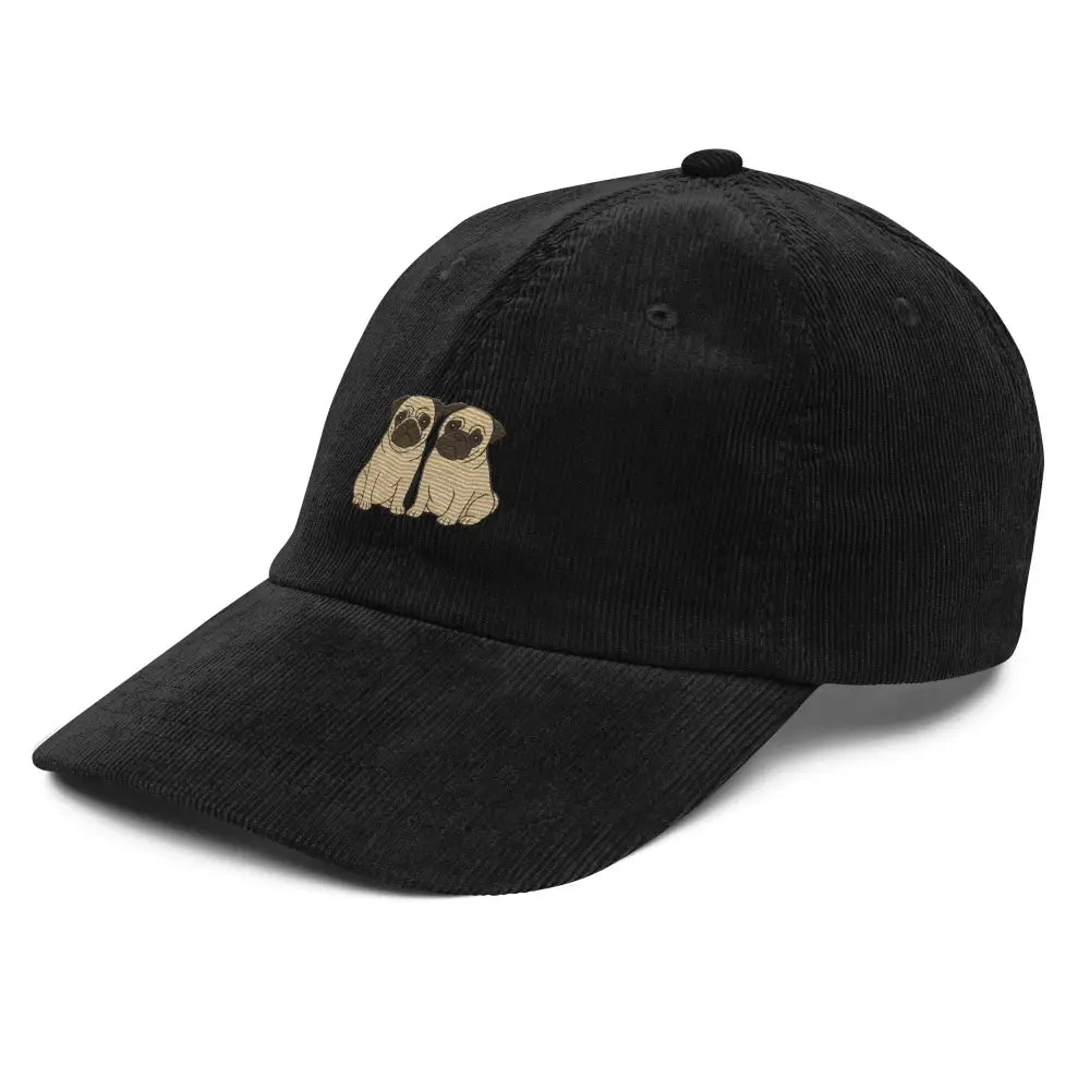 Black corduroy baseball cap with cream pugs embroidery by Trini Skies