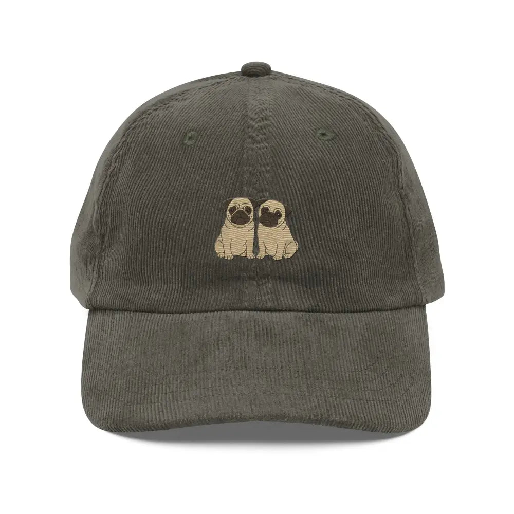 Dark olive green corduroy baseball cap with Trini Skies cream pugs embroidery