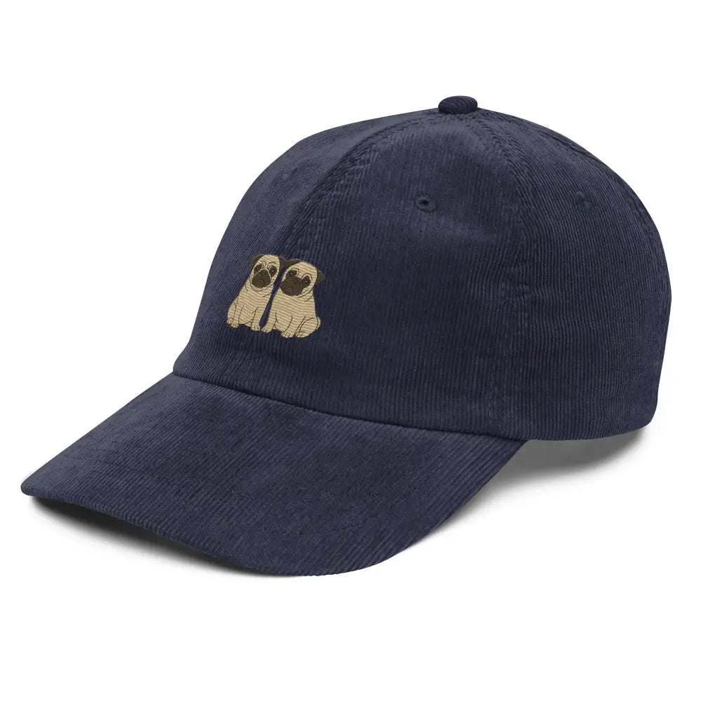 Navy blue corduroy baseball cap with cream pugs embroidery by Trini Skies