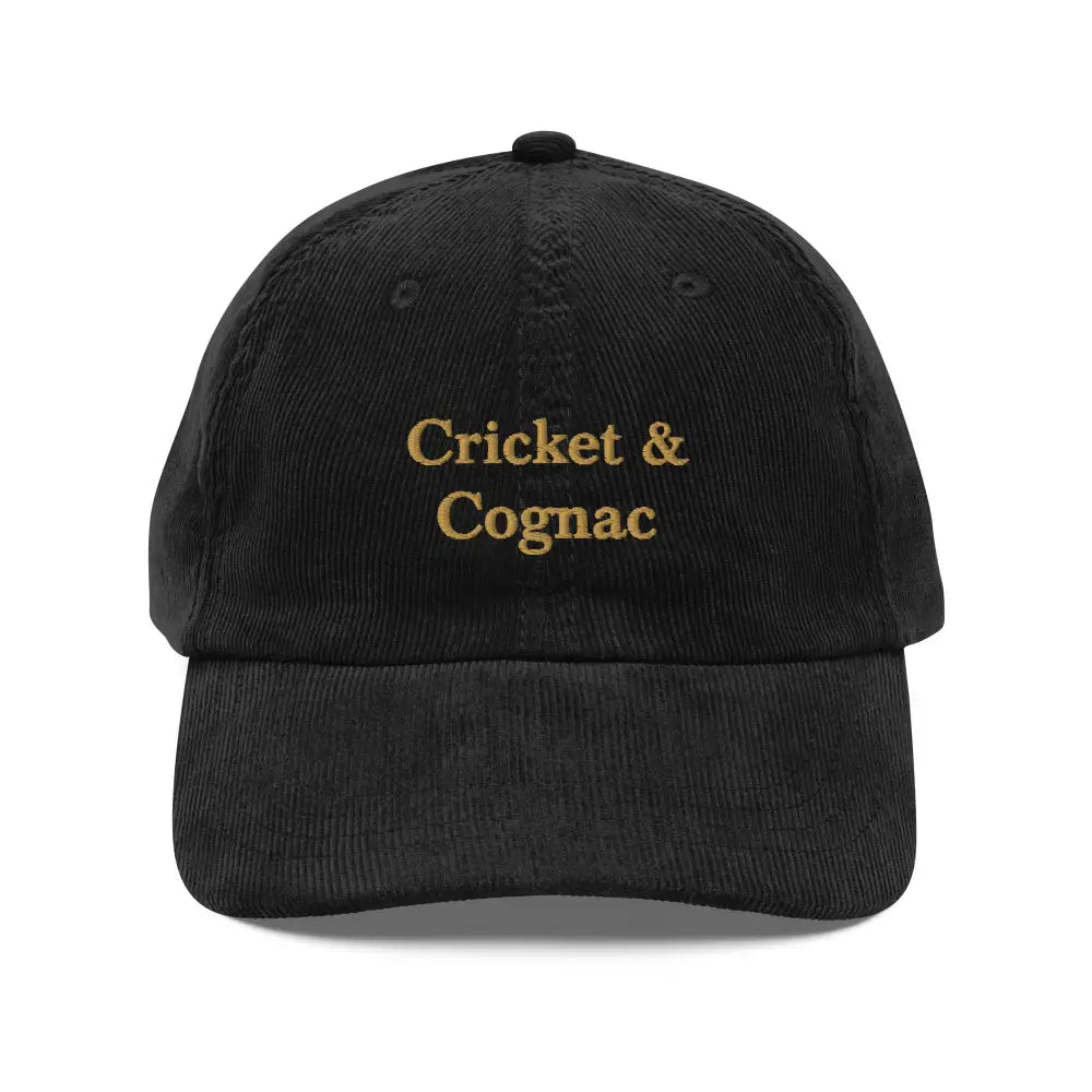 Black corduroy cap with cognac embroidered vintage Cricket & Cognac design