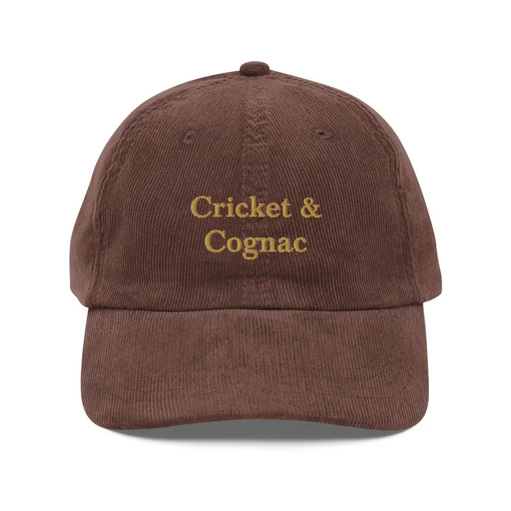 Brown corduroy cap with cognac embroidered vintage text