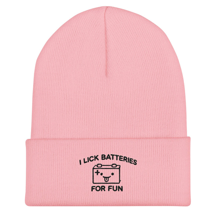 Embroidered I Lick Batteries for Fun Cuffed Beanie – Funny Unisex Winter Hat